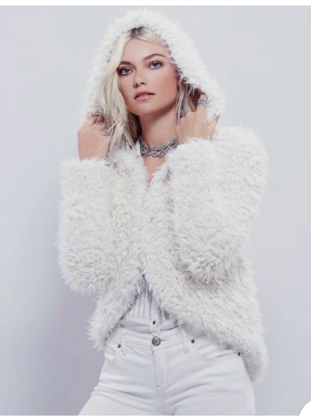 Free People Ivory Faux Fur Teddy Jacket with Hood
